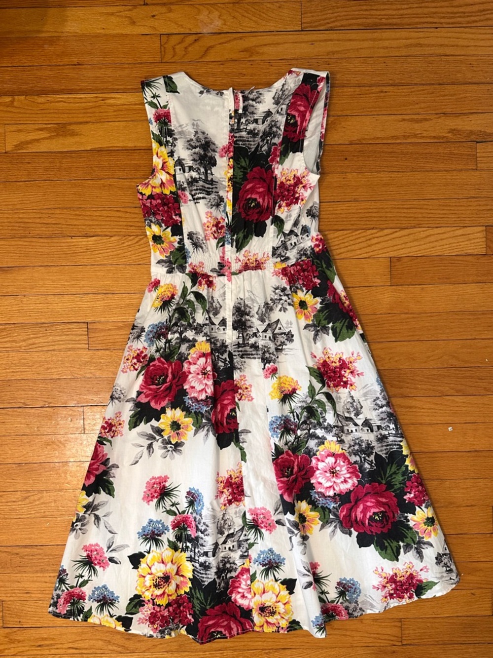 Anthropologie White Midi Dress with Red, Yellow & Pink Floral Print